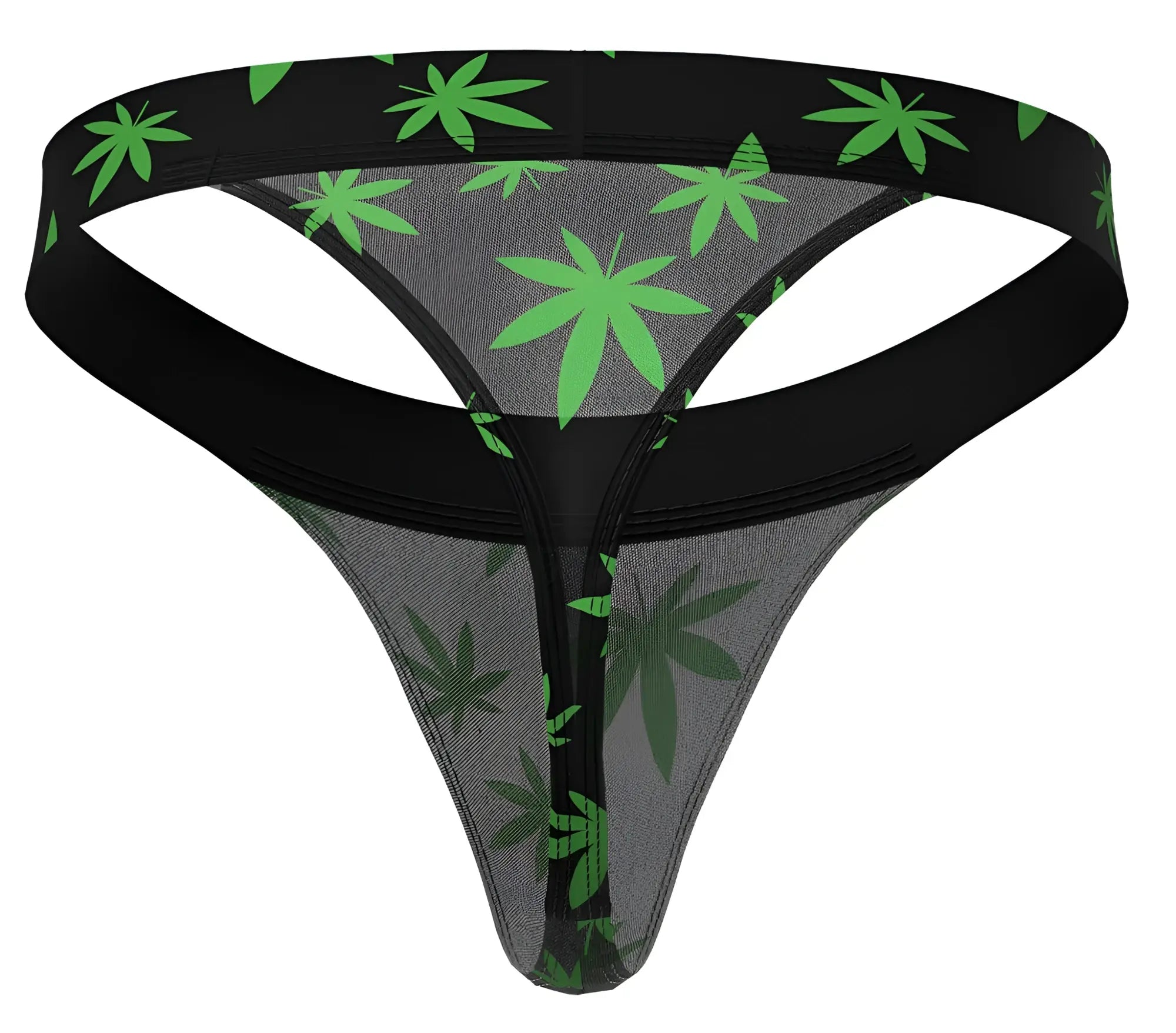 Male power 433-294 hazy dayz micro thong with black and green marijuana leaf pattern mesh fabric front view