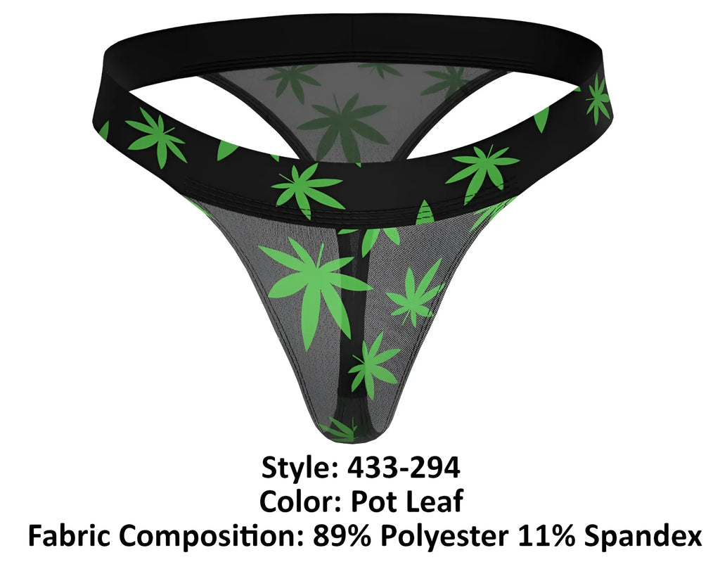 Black sheer gray mesh male power 433-294 hazy dayz micro thong with vibrant green cannabis leaf pattern shown from back
