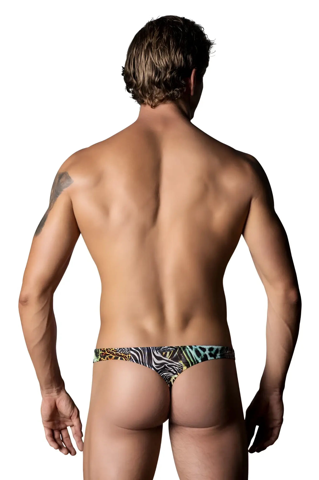 A man wearing male power 439-295 go wild thong with colorful zebra and leopard print patterns and 2 rings