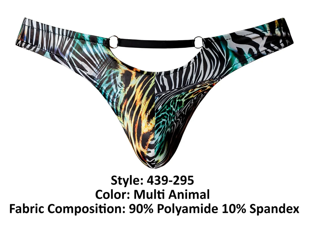 Male power 439-295 go wild thong multi-animal print with bold zebra leopard pattern and teal accents with 2 rings