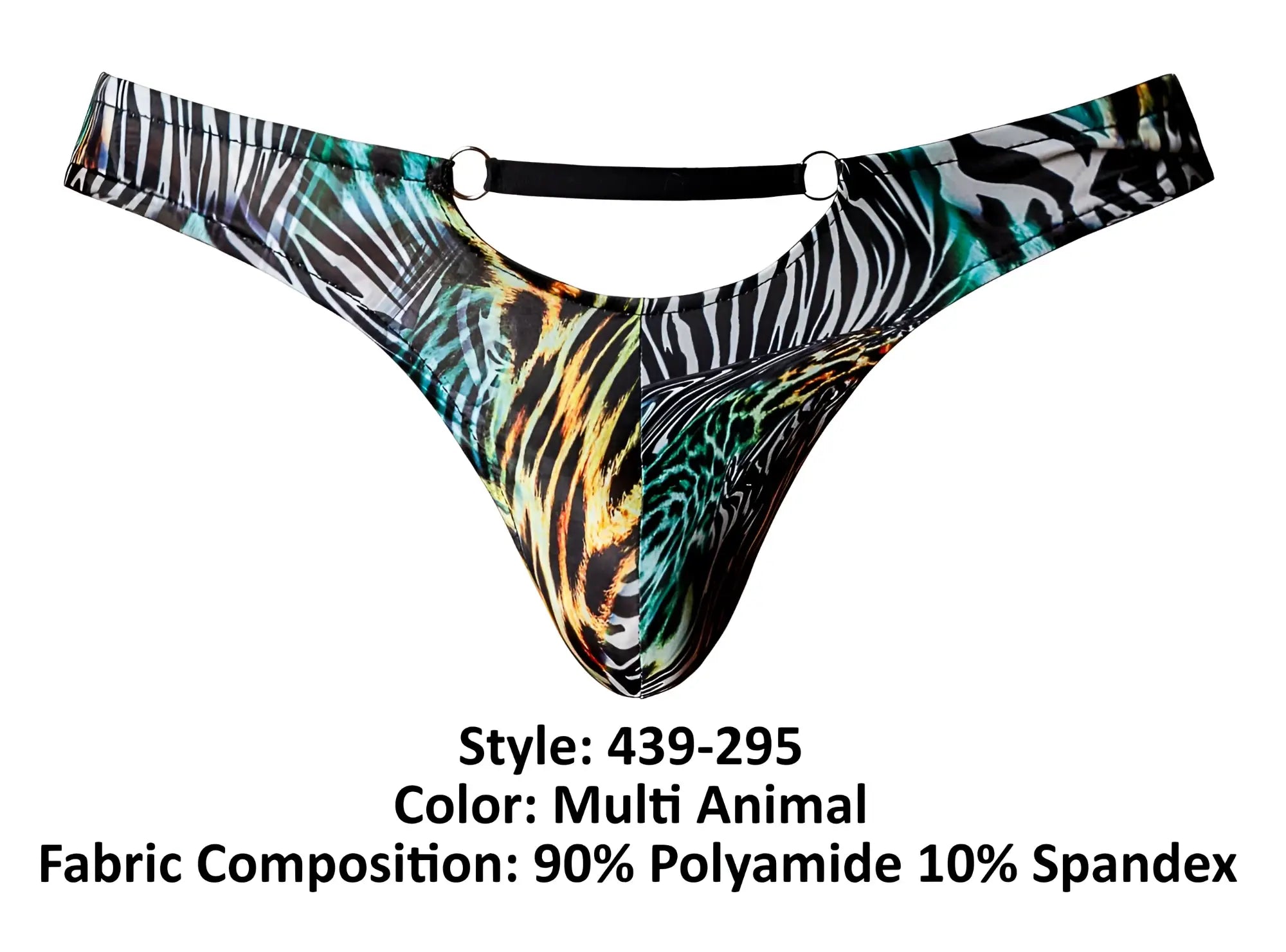 Male power 439-295 go wild thong multi-animal print with bold zebra leopard pattern and teal accents with 2 rings
