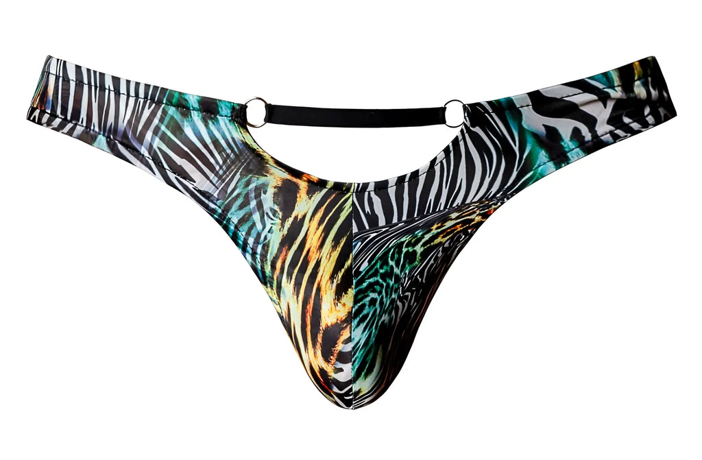 Male power 439-295 go wild thong in multi animal print with zebra tiger leopard patterns on stretchy fabric with metal rings
