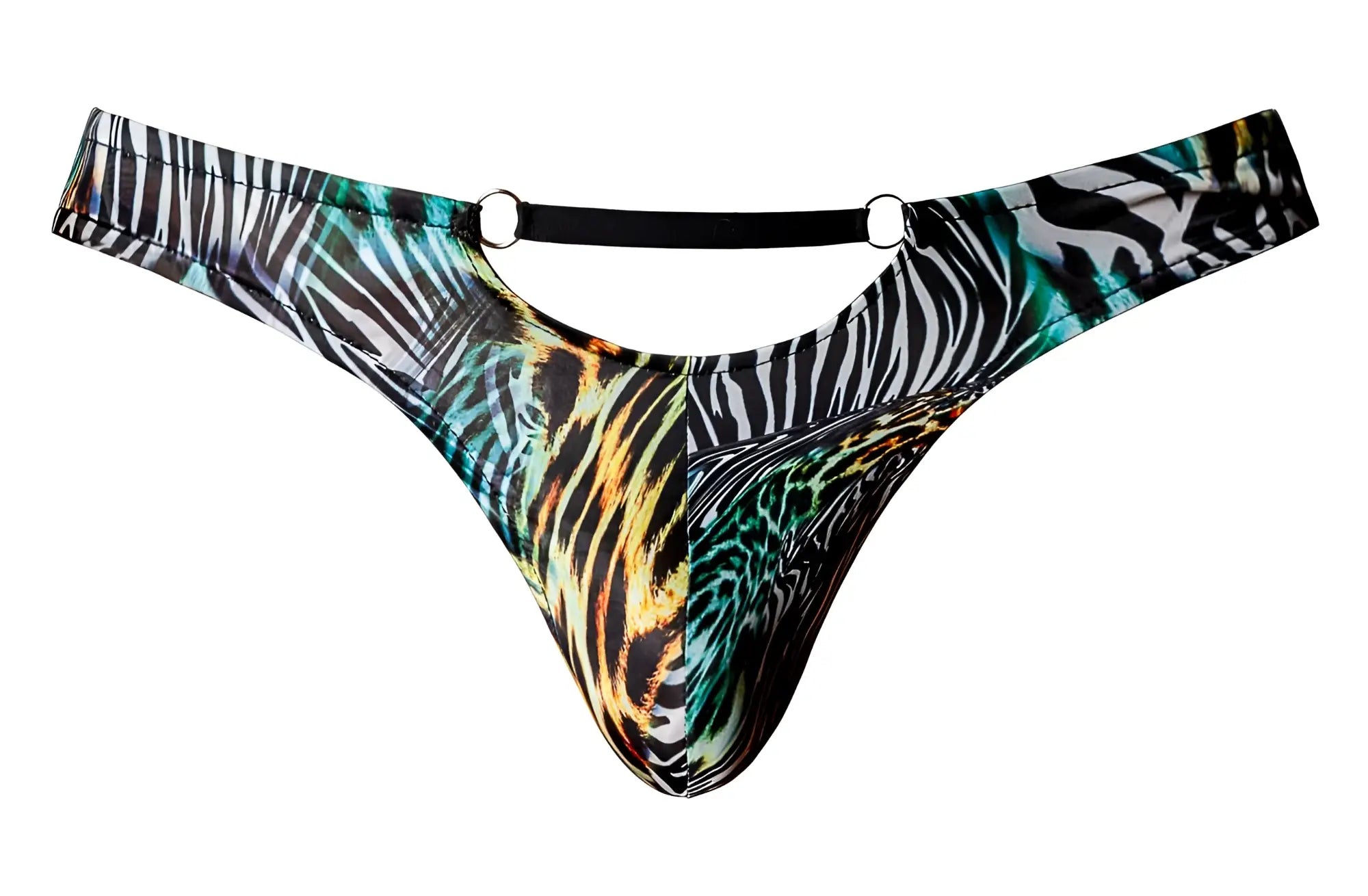 Male power 439-295 go wild thong in multi animal print with zebra tiger leopard patterns on stretchy fabric with metal rings
