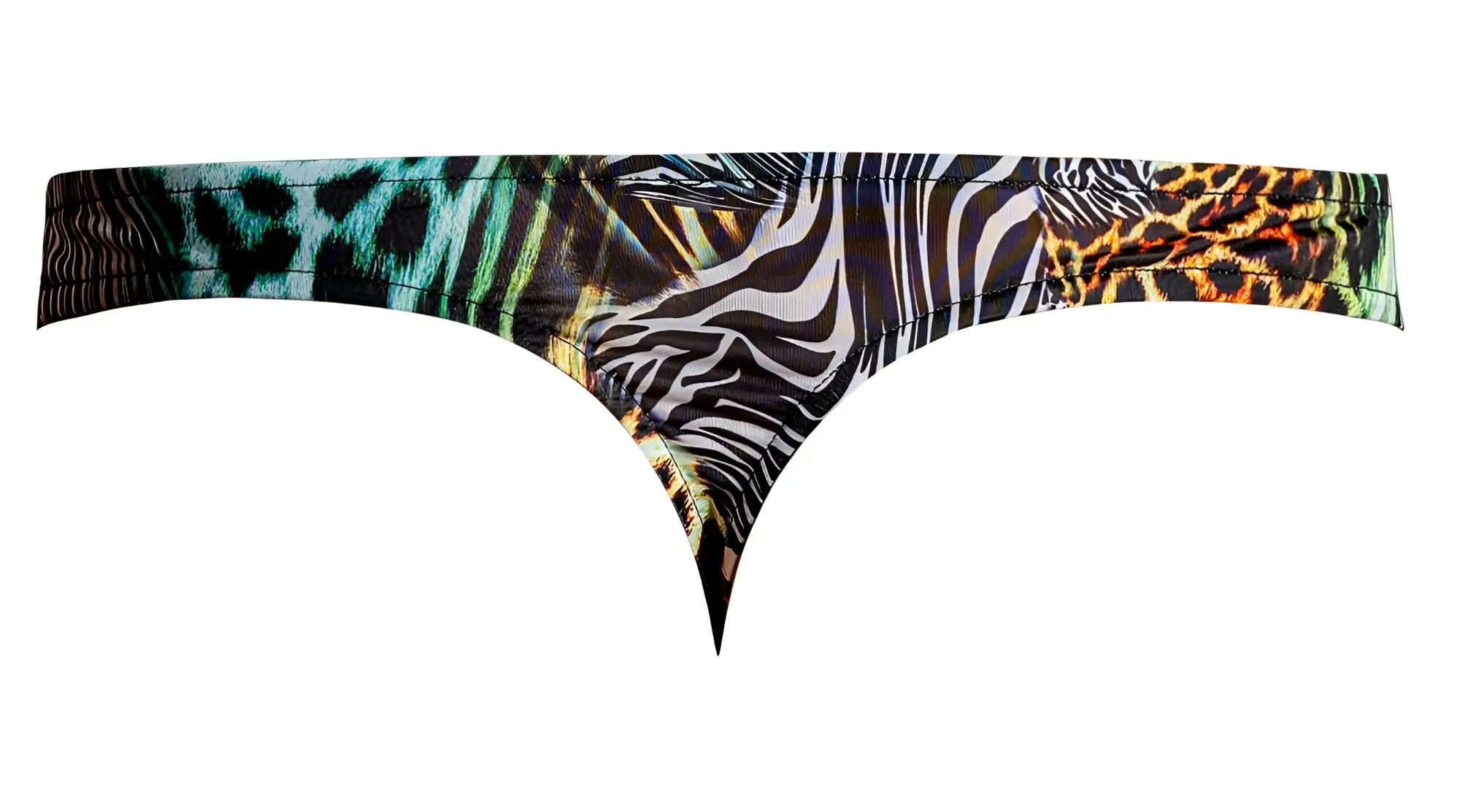 Male power 439-295 go wild thong featuring a vibrant stretchy multi animal print with zebra and leopard patterns