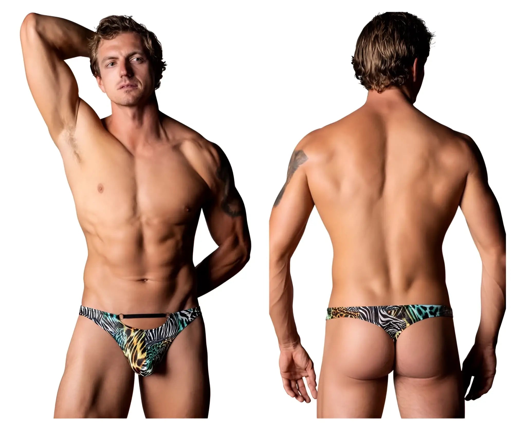 Male power 439-295 go wild thong vibrant tropical zebra and green leaf patterned men’s briefs with 2 rings in multi color