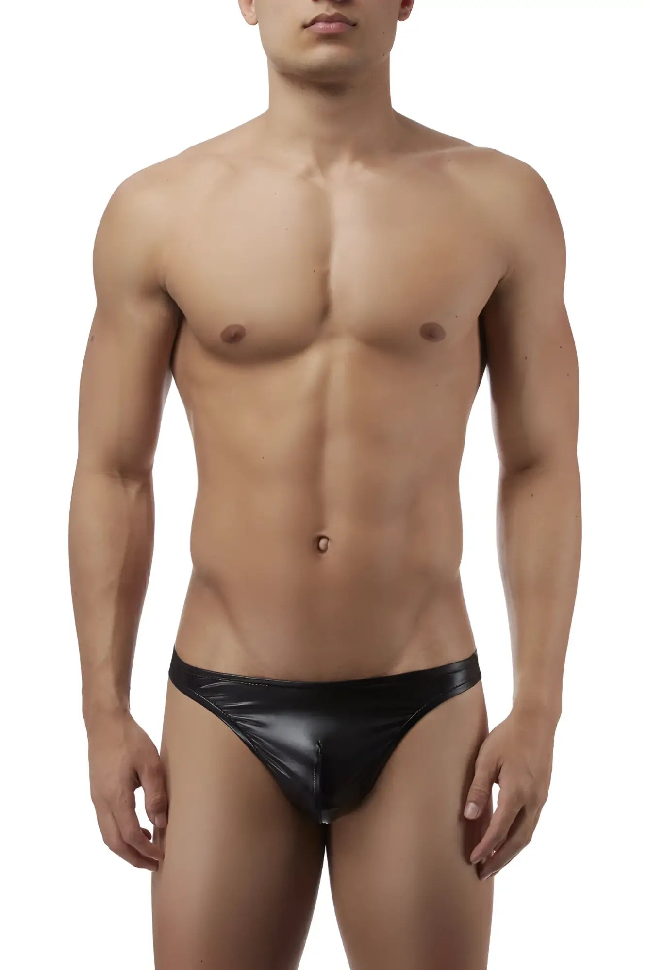 Male power 440003 liquid onyx classic thong in black glossy faux leather with sleek minimalist design shown from back