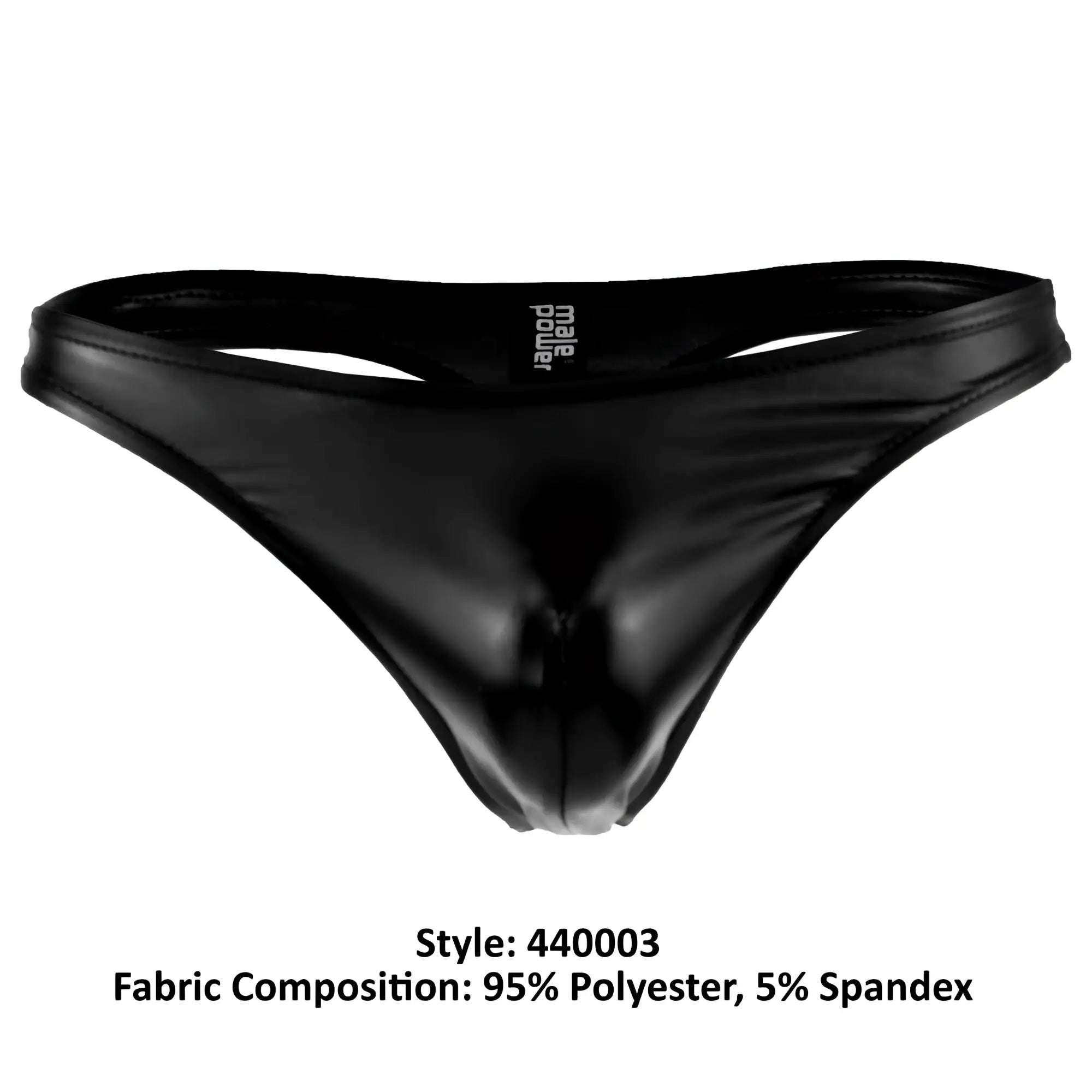Black glossy male power 440003 liquid onyx men’s thong with sleek form-fitting design and branded waistband