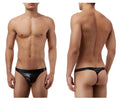 Male power 440003 liquid onyx classic black thong in sleek glossy patent leather showing front view