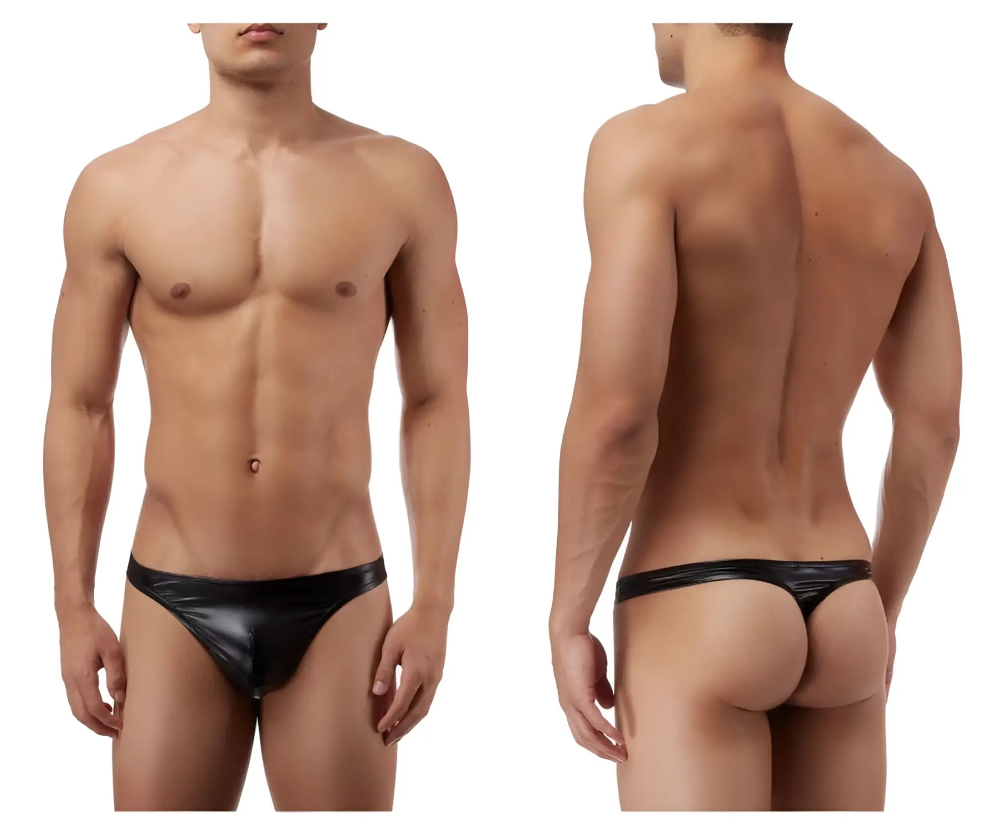 Male power 440003 liquid onyx classic black thong in sleek glossy patent leather showing front view