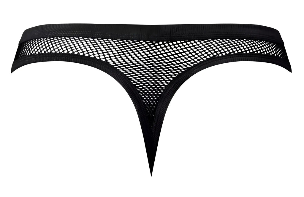 Black mesh thong with solid elastic waistband and pointed leg openings from male power 441-11c fishnet 2 bong thong