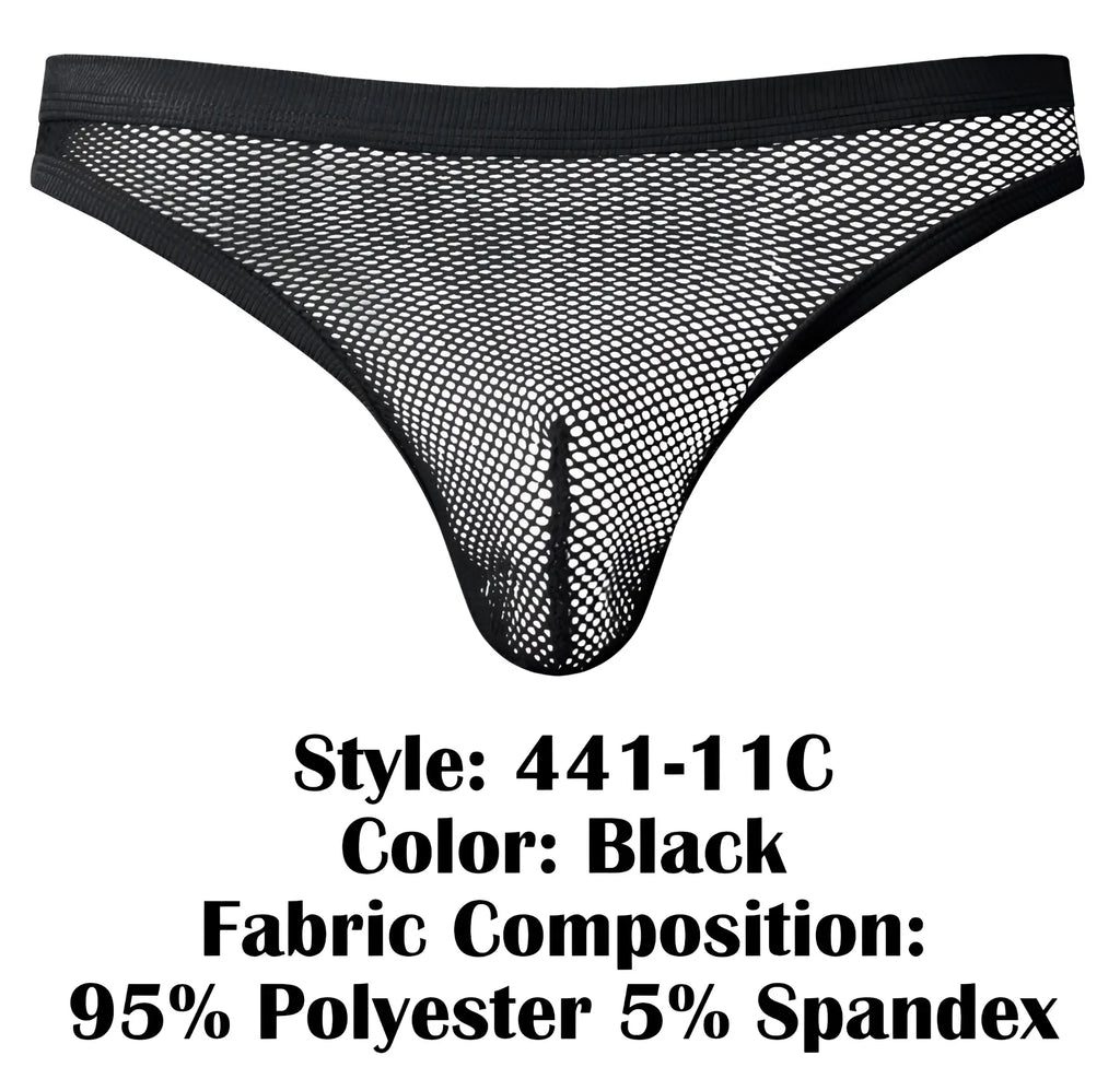 Male power 441-11c fishnet 2 bong thong in black mesh with solid elastic waistband made of 95 polyester 5 spandex