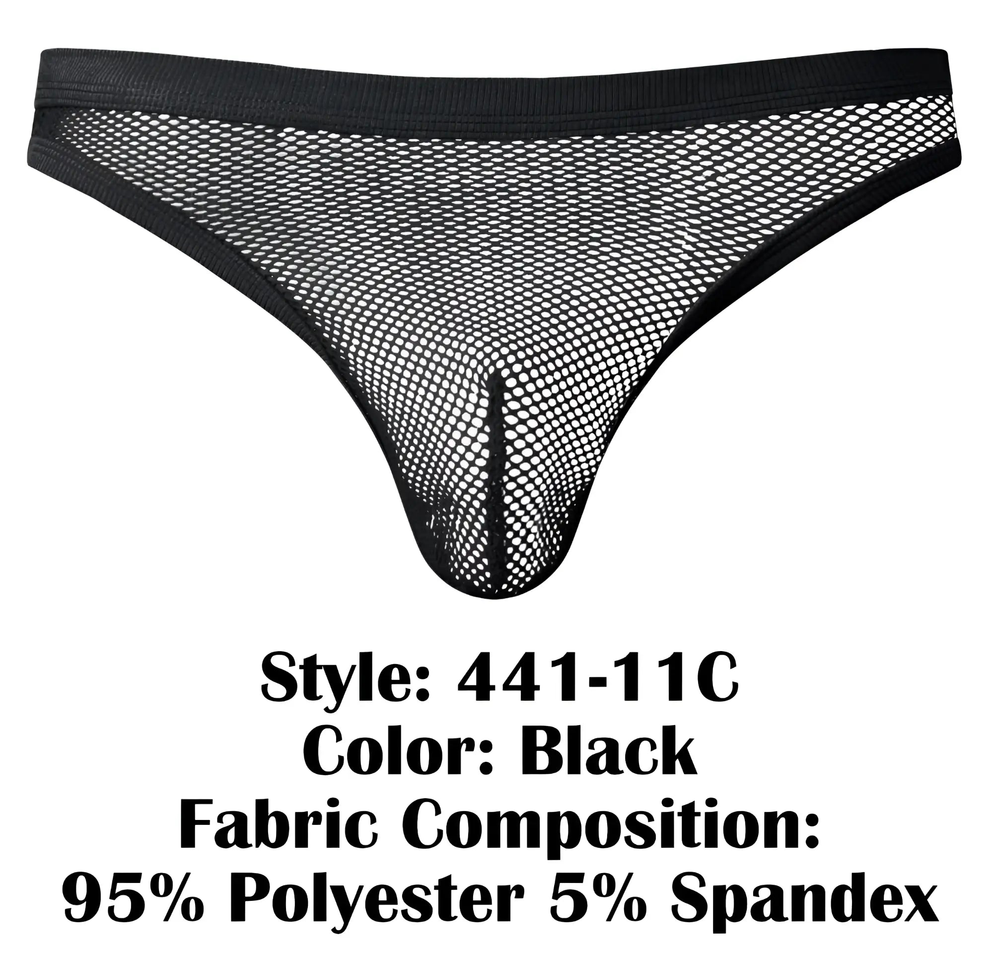 Male power 441-11c fishnet 2 bong thong in black mesh with solid elastic waistband made of 95 polyester 5 spandex