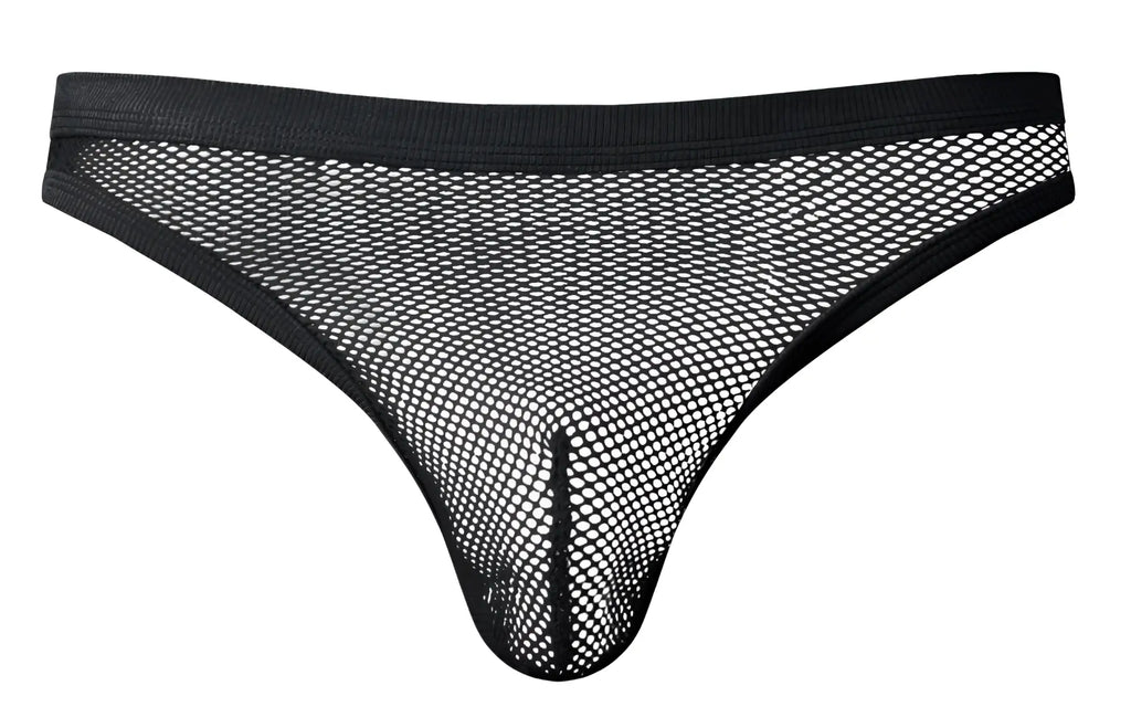 Black mesh male power 441-11c fishnet thong with solid black waistband and leg openings shown from the back