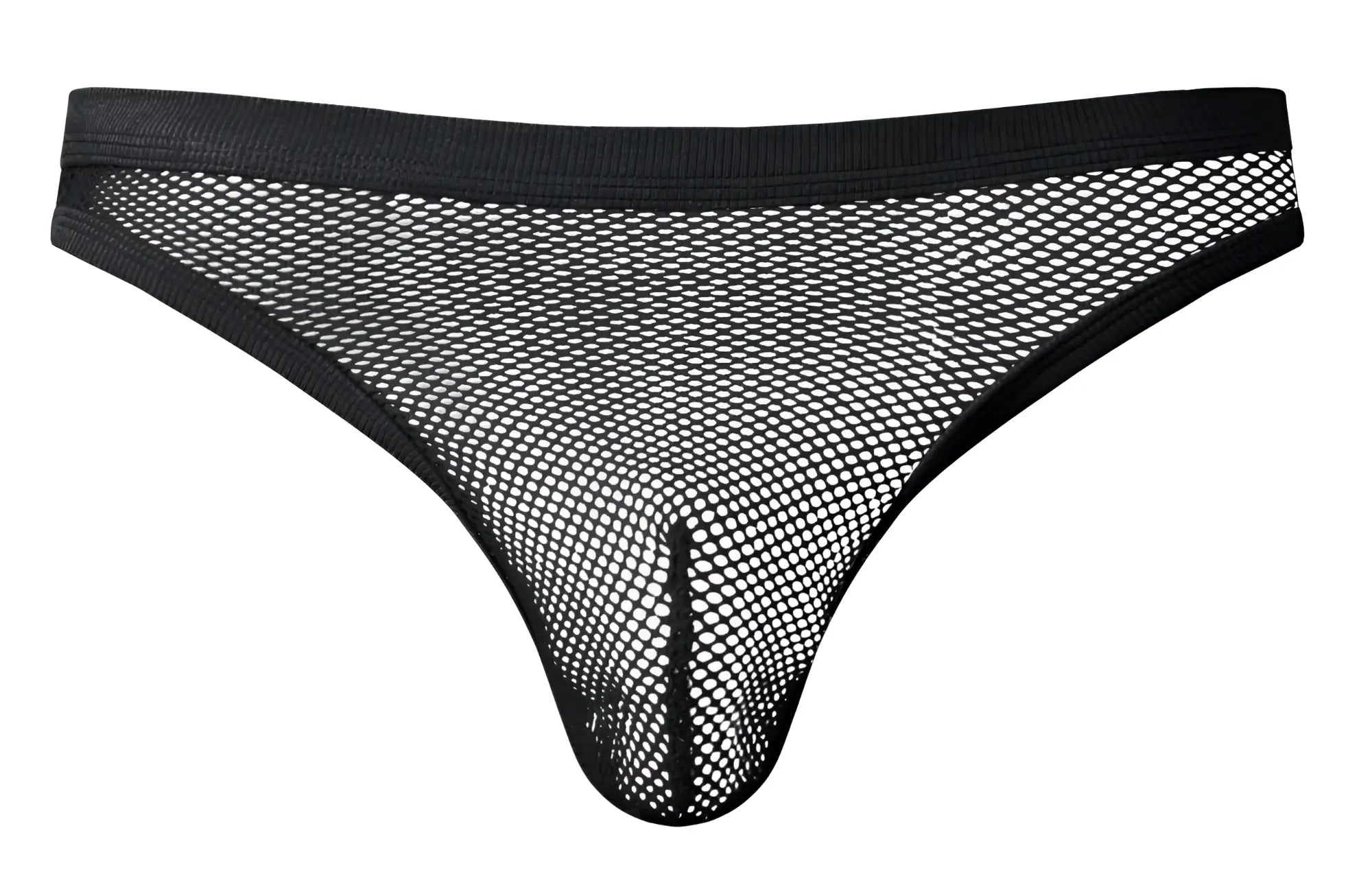 Black mesh male power 441-11c fishnet thong with solid black waistband and leg openings shown from the back