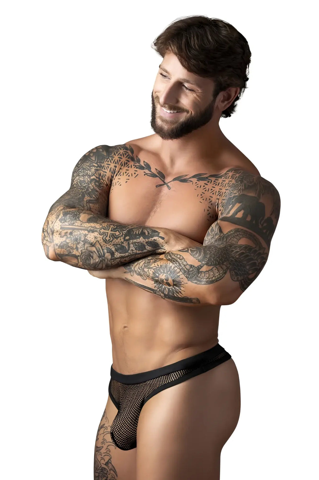 Male power 441-11c fishnet black thong with solid waistband shown from the back in black mesh material