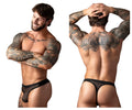 Black mesh thong with solid waistband by male power showing back side in fishnet material and black color