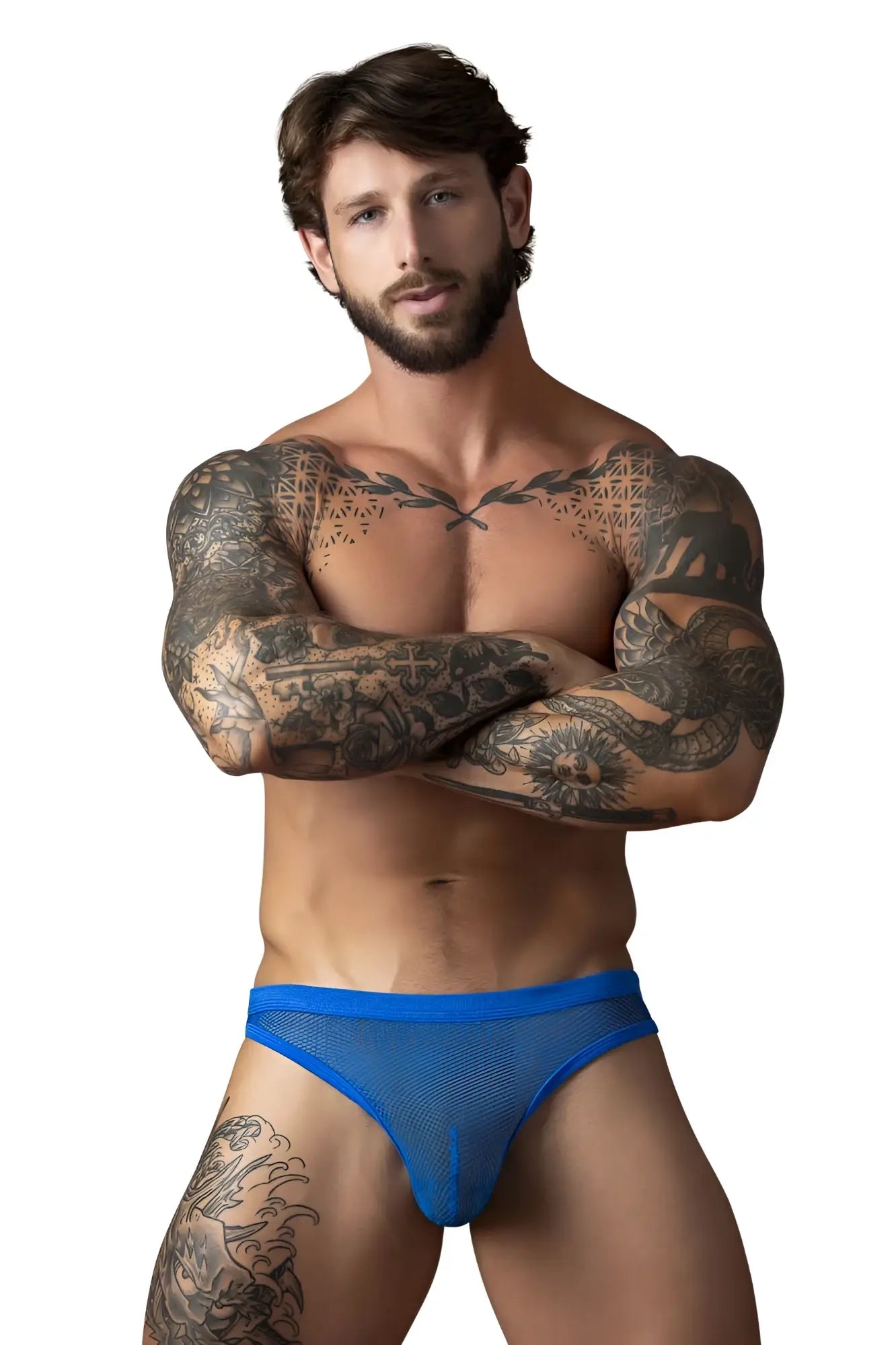 Blue mesh male power 441-11c fishnet thong in royal color showing front details