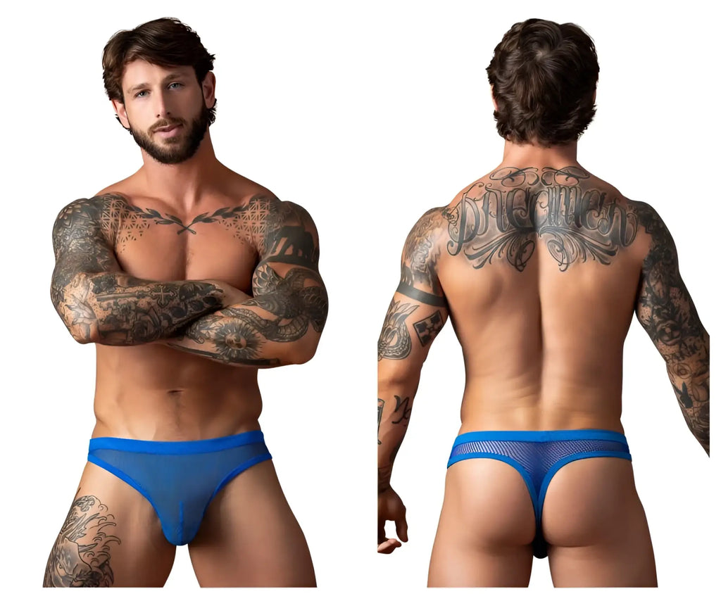 Back view of male power 441-11c fishnet 2 bong thong in royal blue with low-rise cut and intricate mesh design