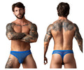 Back view of male power 441-11c fishnet 2 bong thong in royal blue with low-rise cut and intricate mesh design