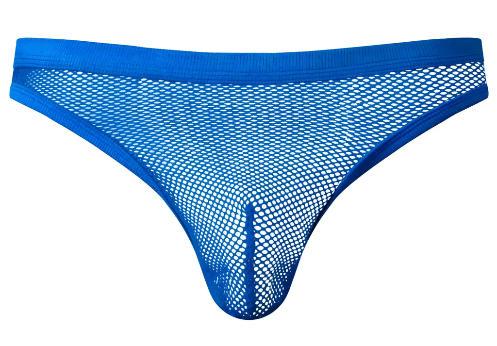 Male power 441-11c fishnet thong in royal blue with solid waistband and leg openings shown from the back