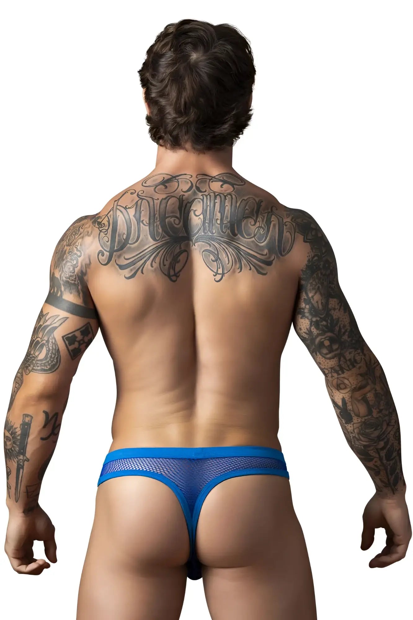 Male power 441-11c fishnet royal blue mesh thong with solid blue waistband for men