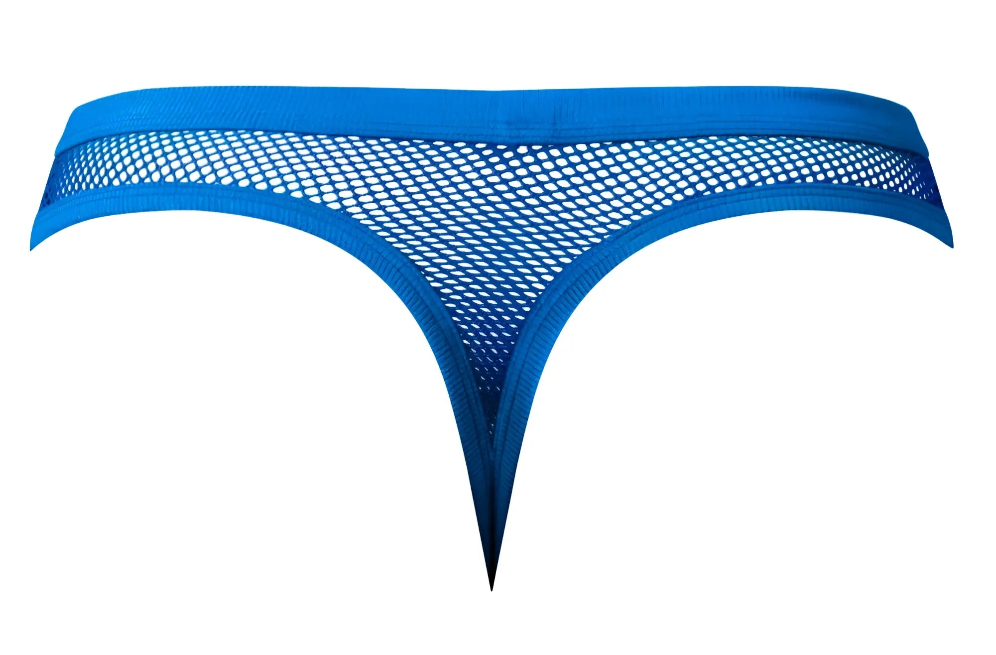 Bright blue mesh male thong with solid fabric waistband and leg openings by Male Power 441-11C fishnet royal color