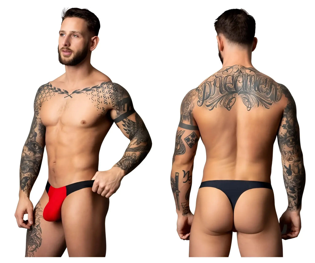 Male Power 442-300 hot mesh bong thong in black and red features athletic briefs with a bold modern design