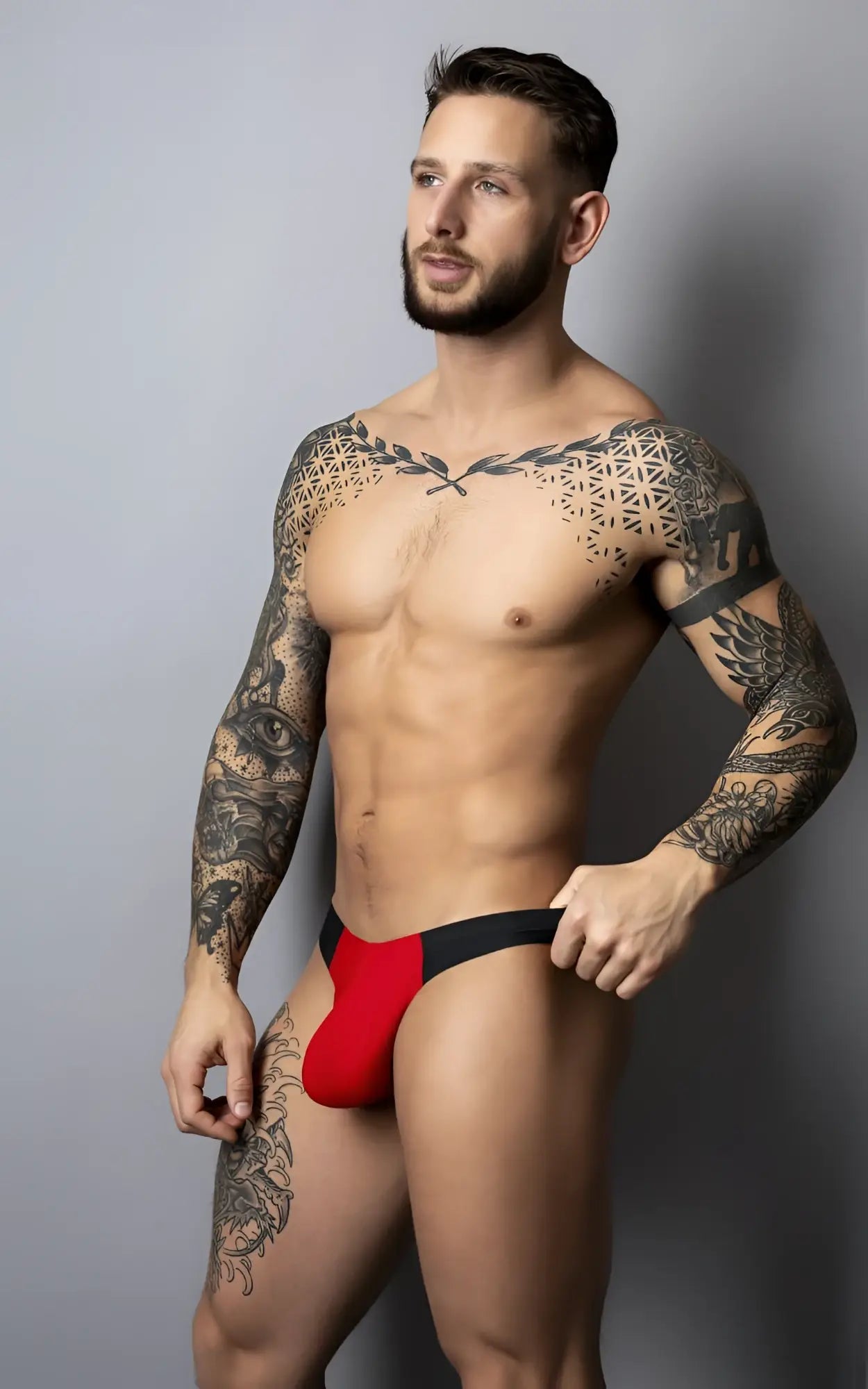 Red and black male power 442-300 hot mesh bong thong brief with sleek form-fitting design and breathable material