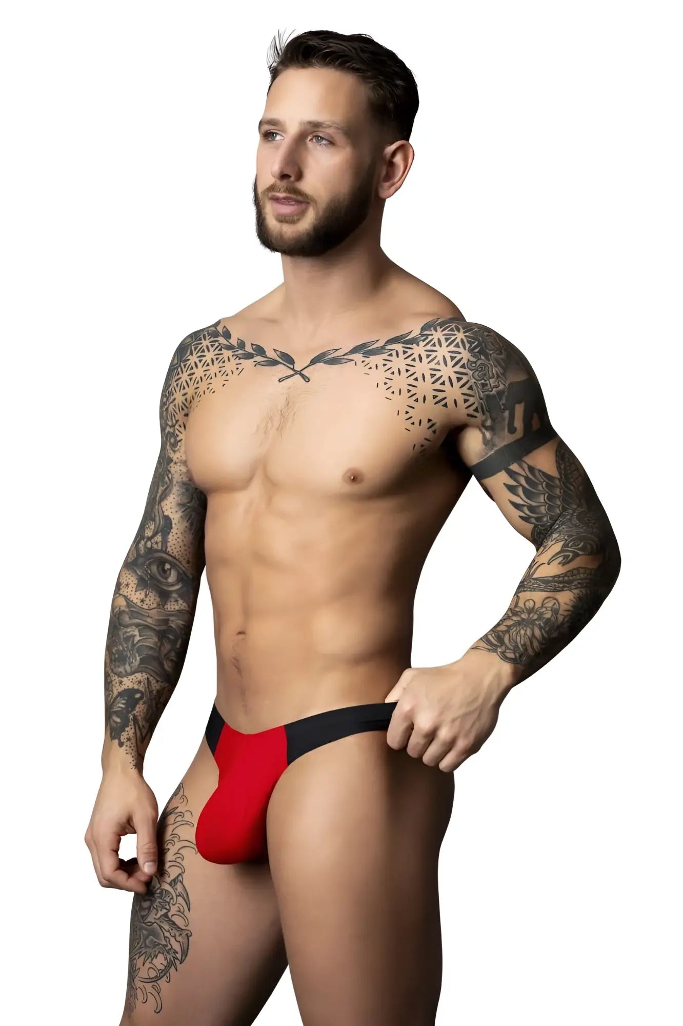 Male Power 442-300 hot mesh bong thong in black and red with sleek form-fitting athletic briefs design front view