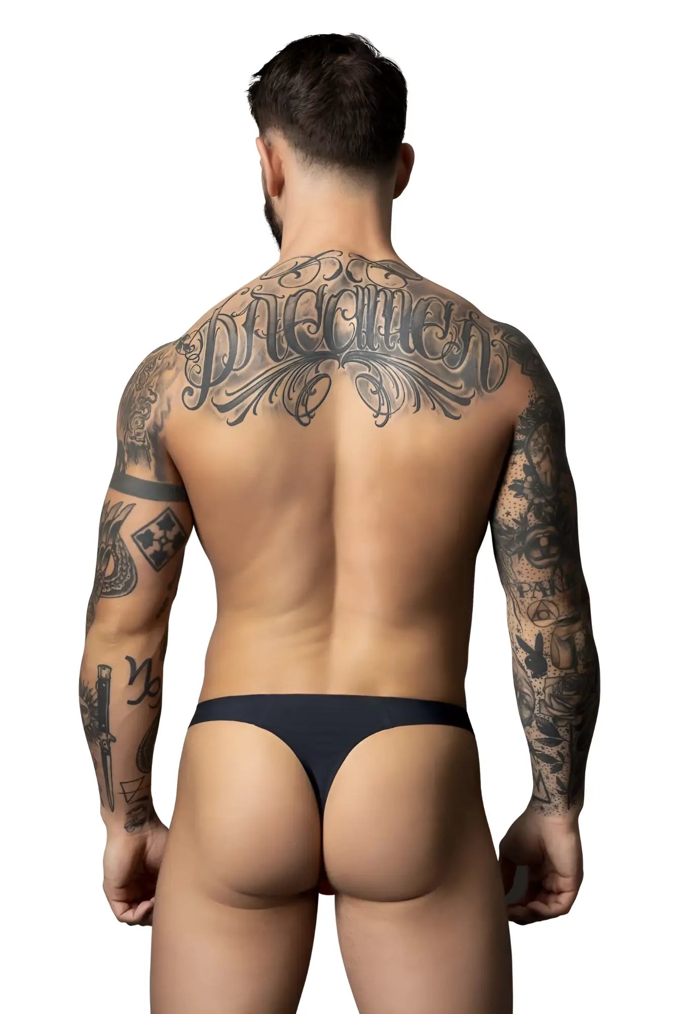 Male power 442-300 hot mesh black-red thong with sleek minimalist design shown from back side