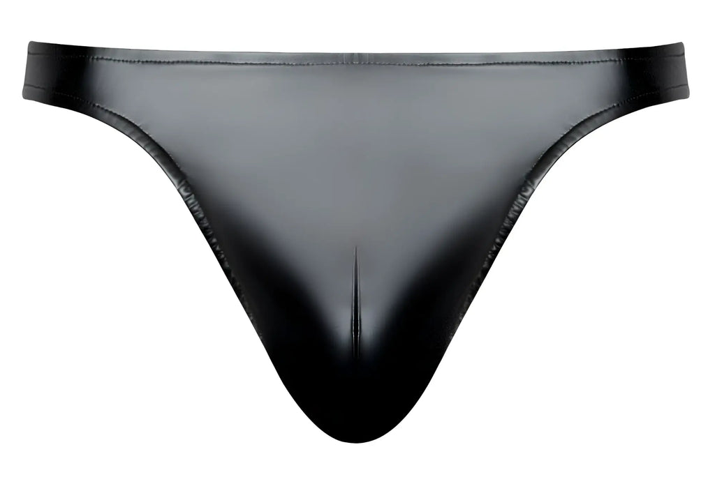 Black glossy latex thong with sleek form fitting design shown from the back in male power 442 301 liquid onyx 2 0 bong thong
