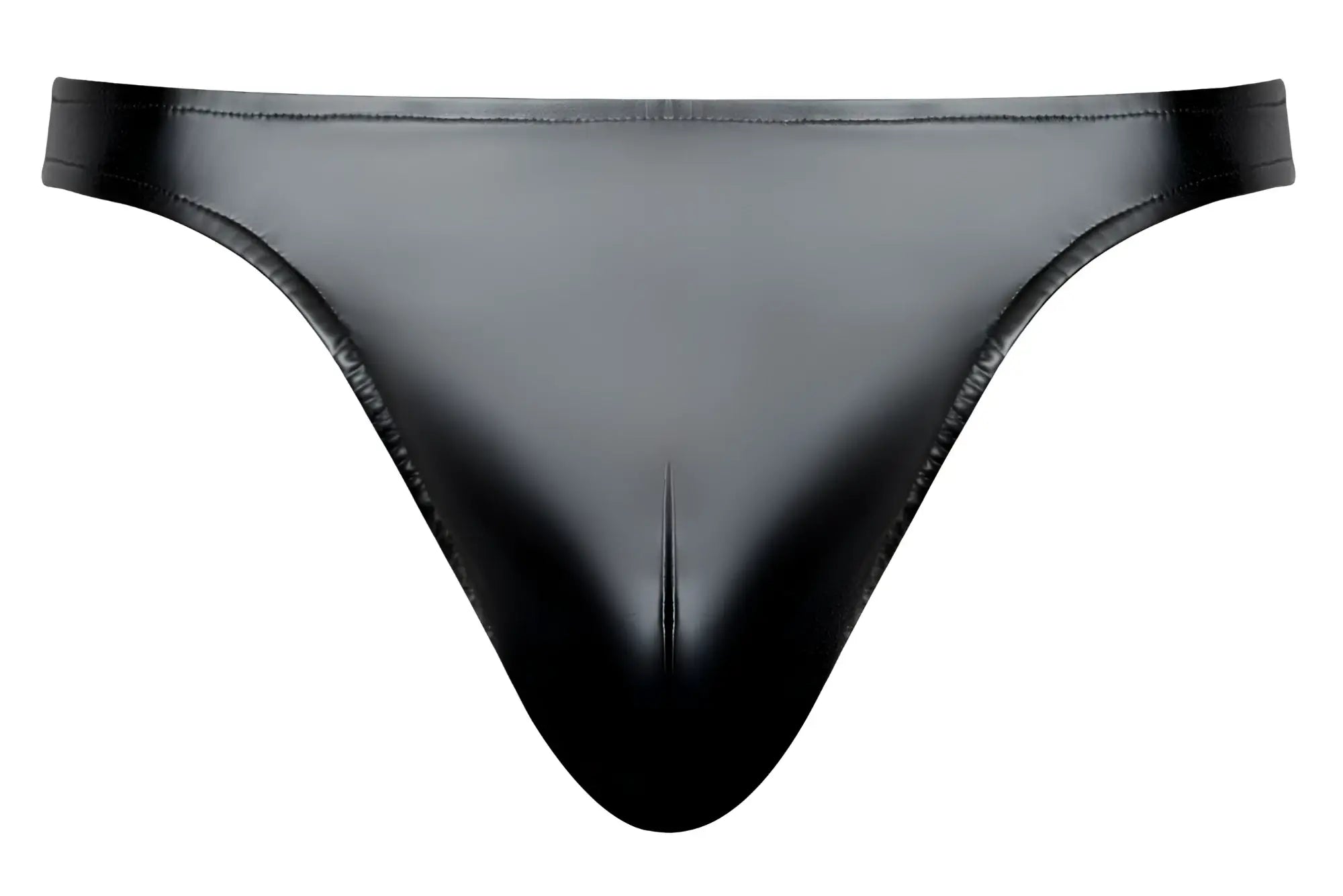 Black glossy latex thong with sleek form fitting design shown from the back in male power 442 301 liquid onyx 2 0 bong thong