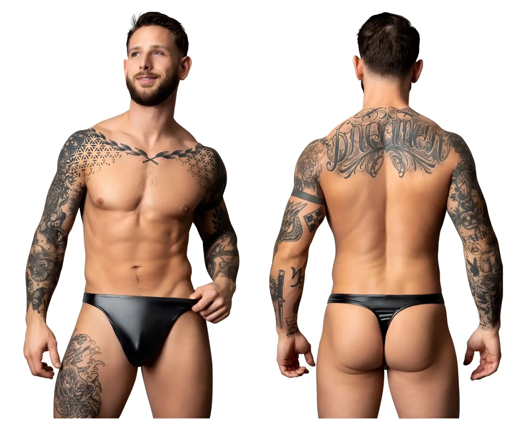 Black latex thong male power 442-301 liquid onyx 2.0 bong thong color black shown from the back side