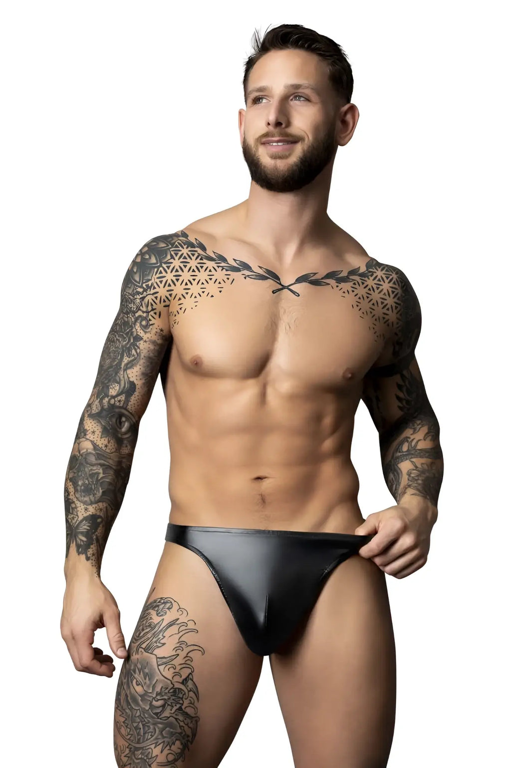 Black leather male power 442-301 liquid onyx 2.0 bong thong briefs shown from the back