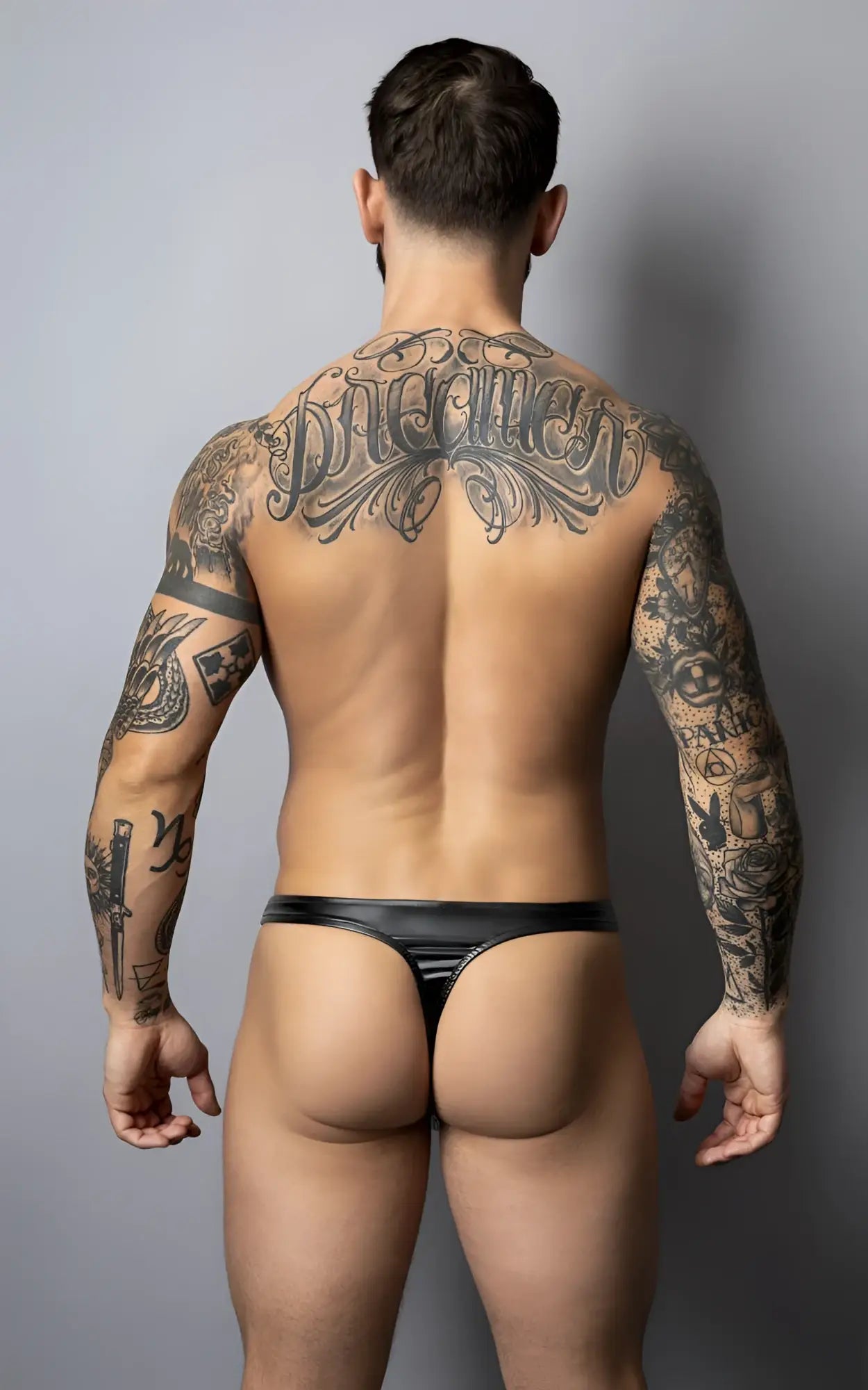 Male power 442-301 liquid onyx 2.0 black thong in glossy black patent leather with thong design