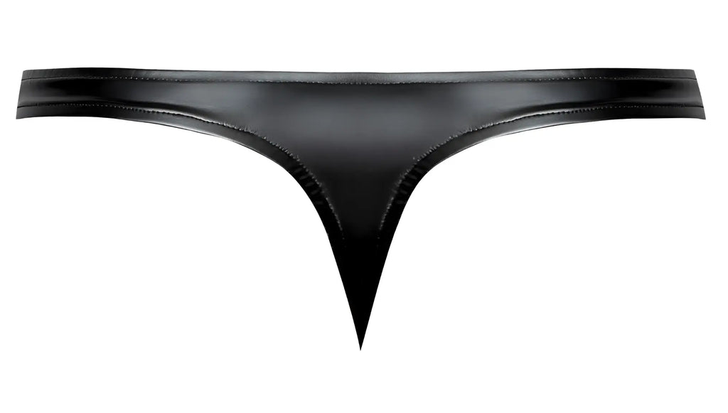 Male power 442-301 liquid onyx 2.0 black patent leather thong with sleek glossy finish and precise edge stitching