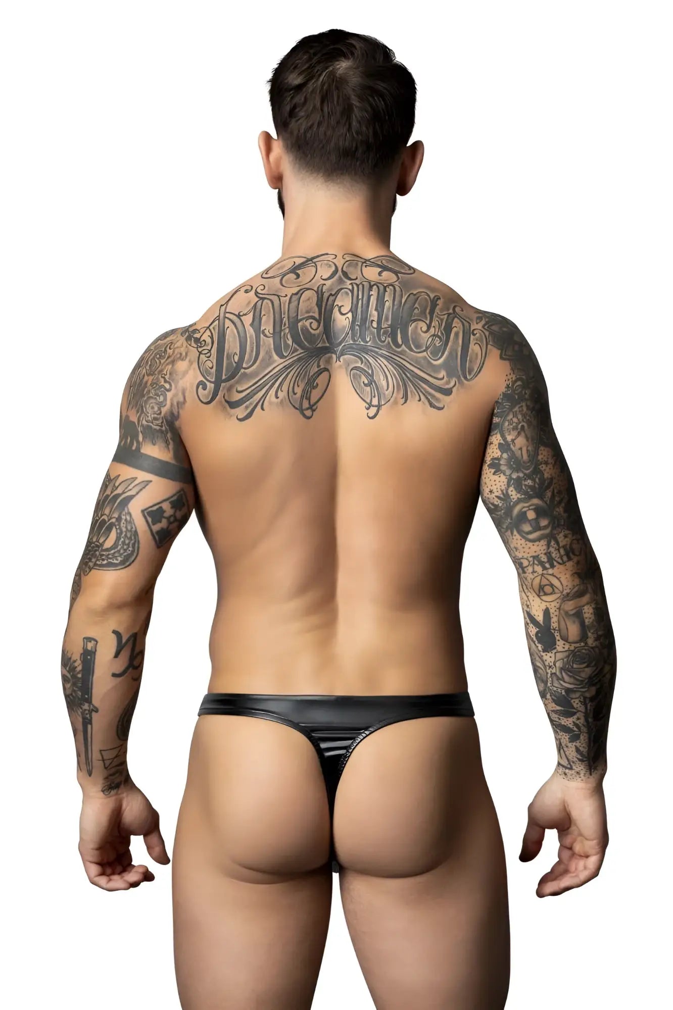Male power 442-301 liquid onyx 2.0 black shiny latex thong showing the back side of the product