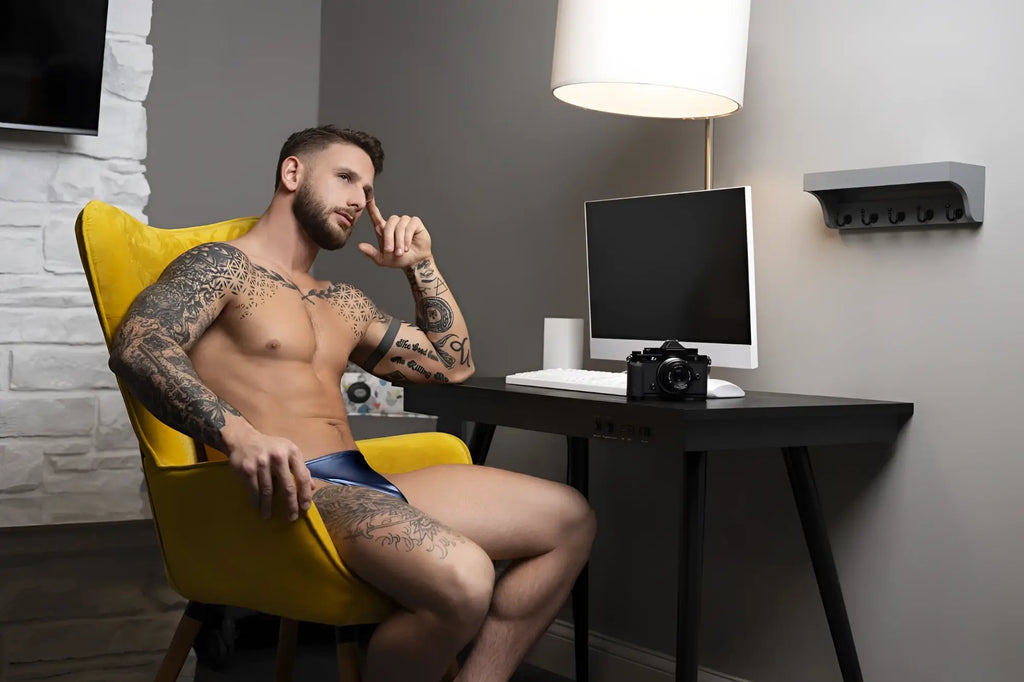 Black classic designed camera on desk next to male power 442 301 liquid onyx 2 0 blue bong thong product