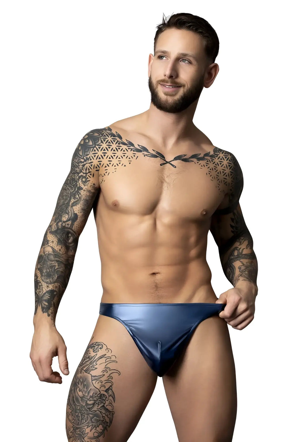 Blue metallic male power 442-301 liquid onyx 2.0 bong thong briefs with a shiny finish