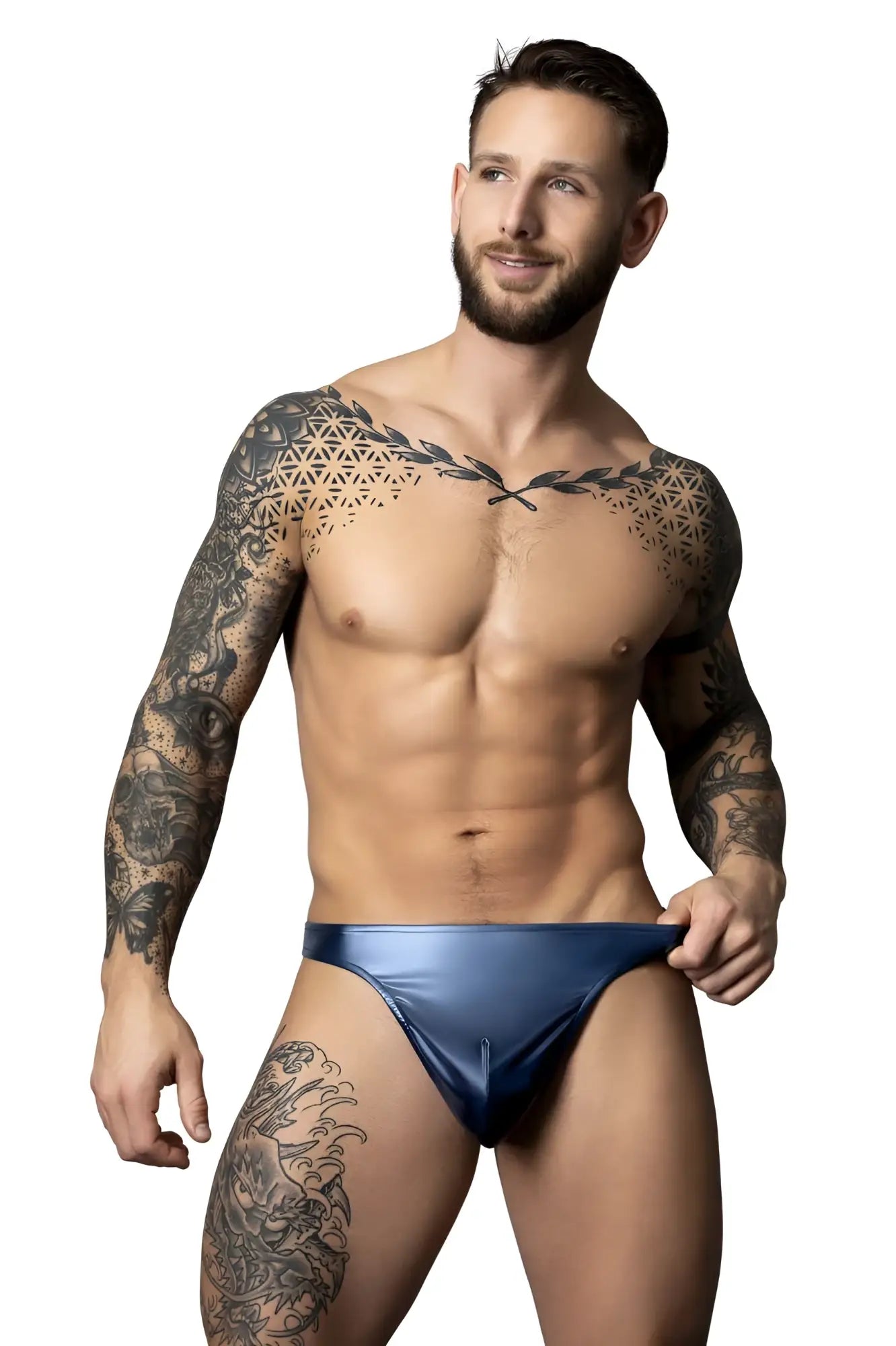 Blue metallic male power 442-301 liquid onyx 2.0 bong thong briefs with a shiny finish