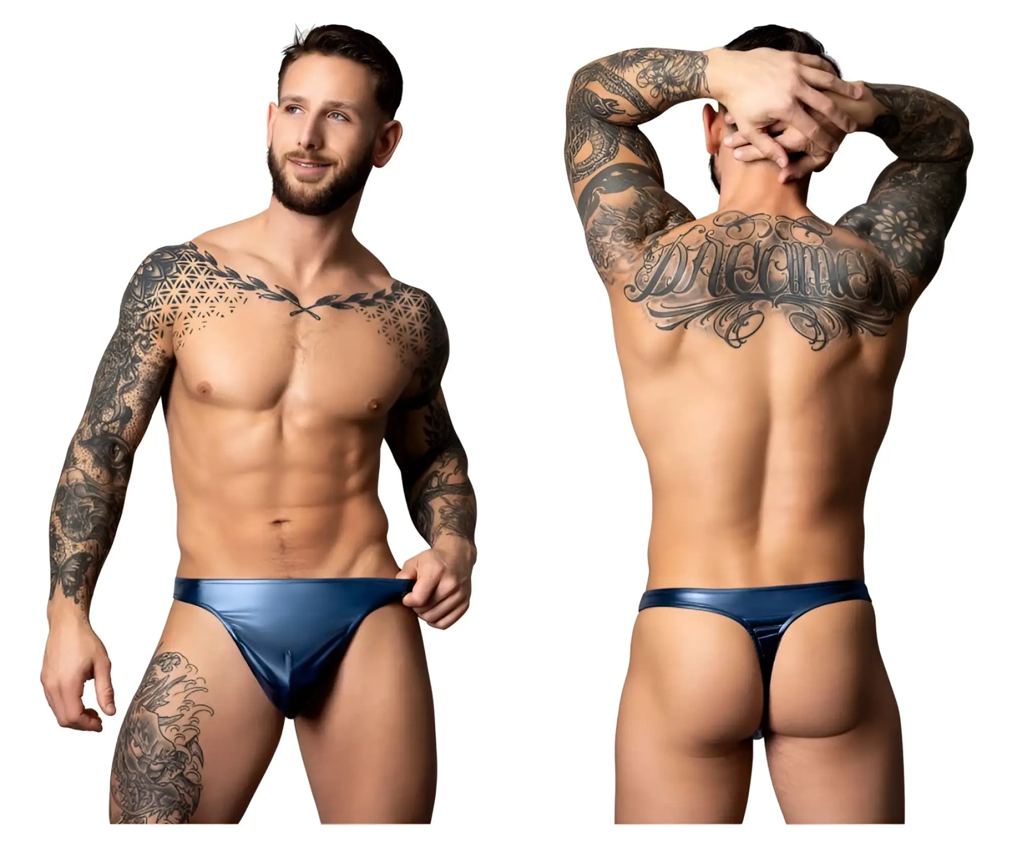 Blue shiny liquid onyx 2 0 male power briefs made of glossy material for a bold and stylish look