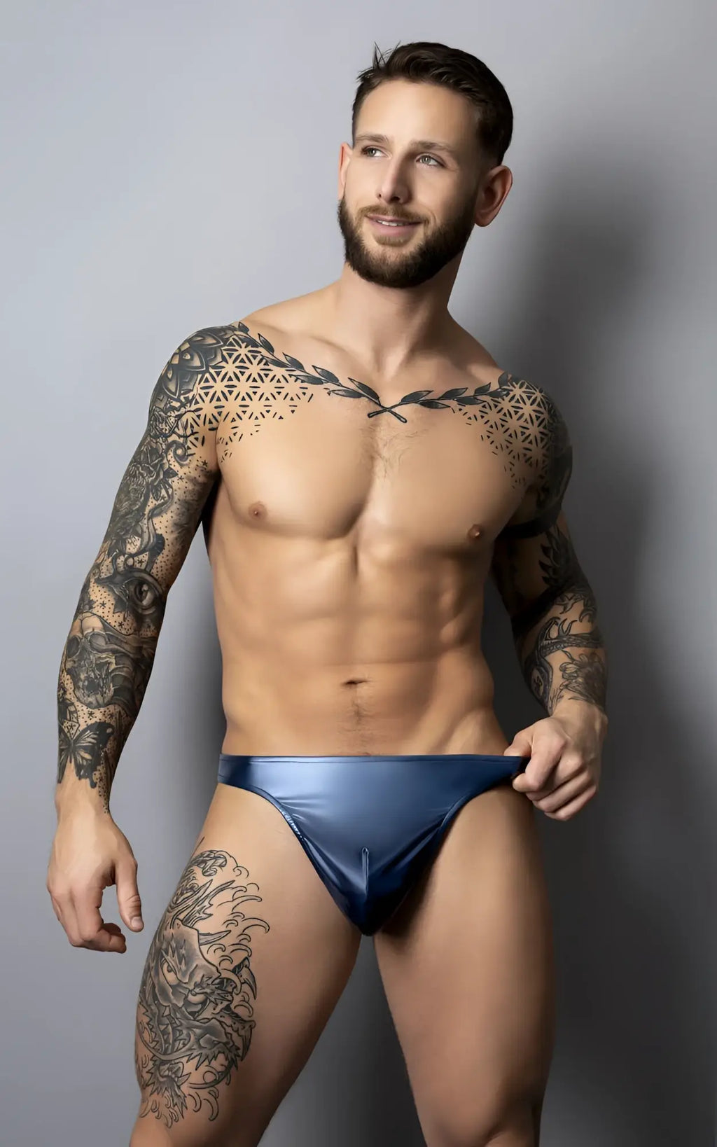 Shiny navy blue satin briefs male power 442-301 liquid onyx 2.0 bong thong showing front side