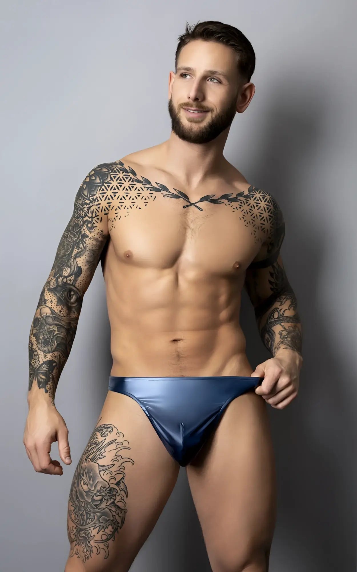 Shiny navy blue satin briefs male power 442-301 liquid onyx 2.0 bong thong showing front side
