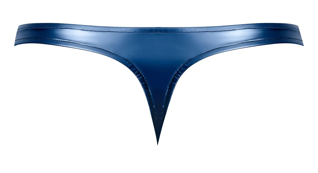 A sleek deep blue patent leather male power 442-301 liquid onyx 2.0 thong with precise stitching