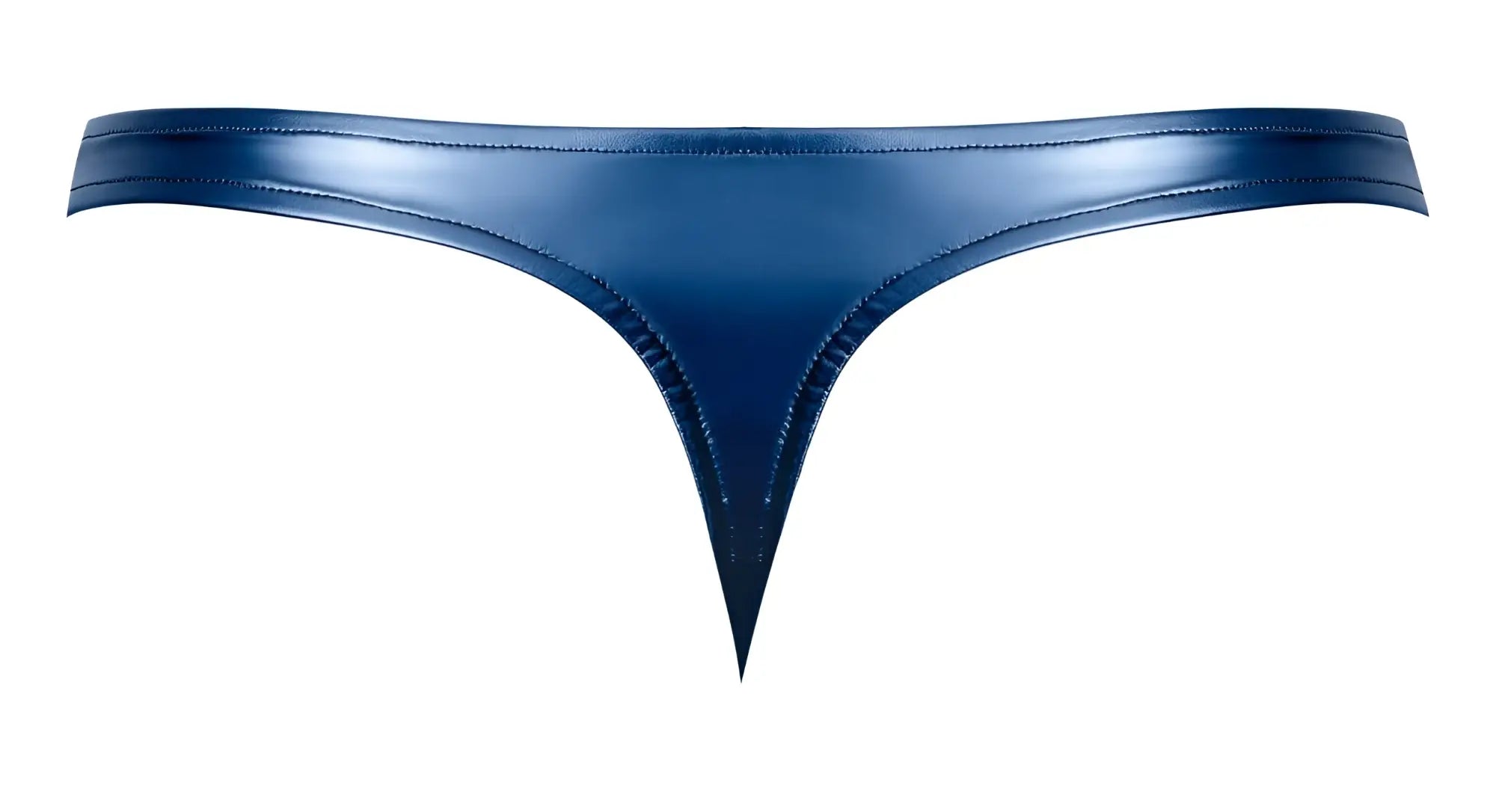 A sleek deep blue patent leather male power 442-301 liquid onyx 2.0 thong with precise stitching