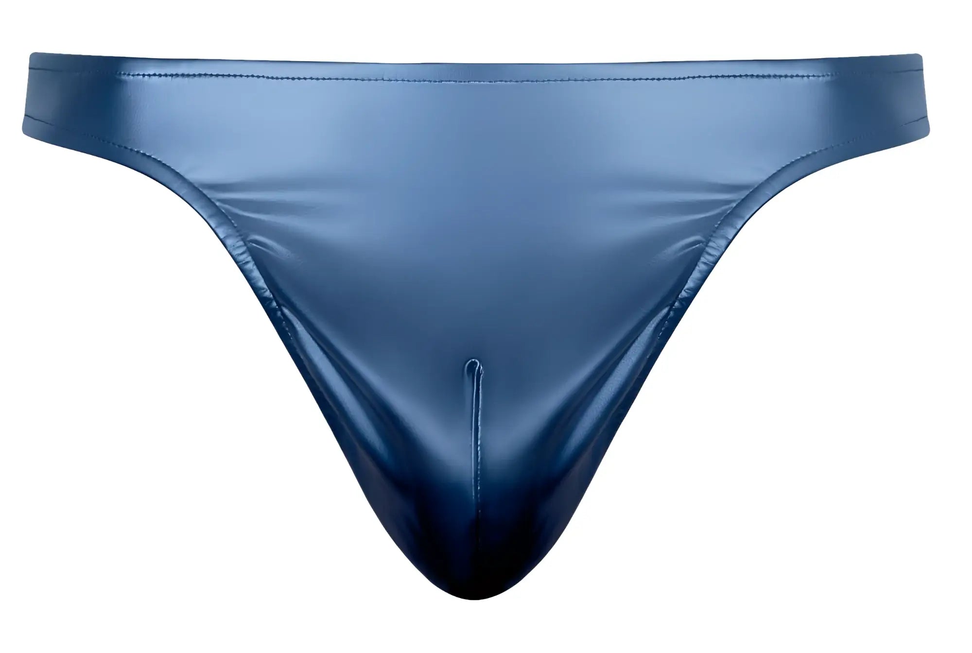 A sleek glossy navy blue male power 442-301 liquid onyx 2.0 bong thong made of shiny synthetic material