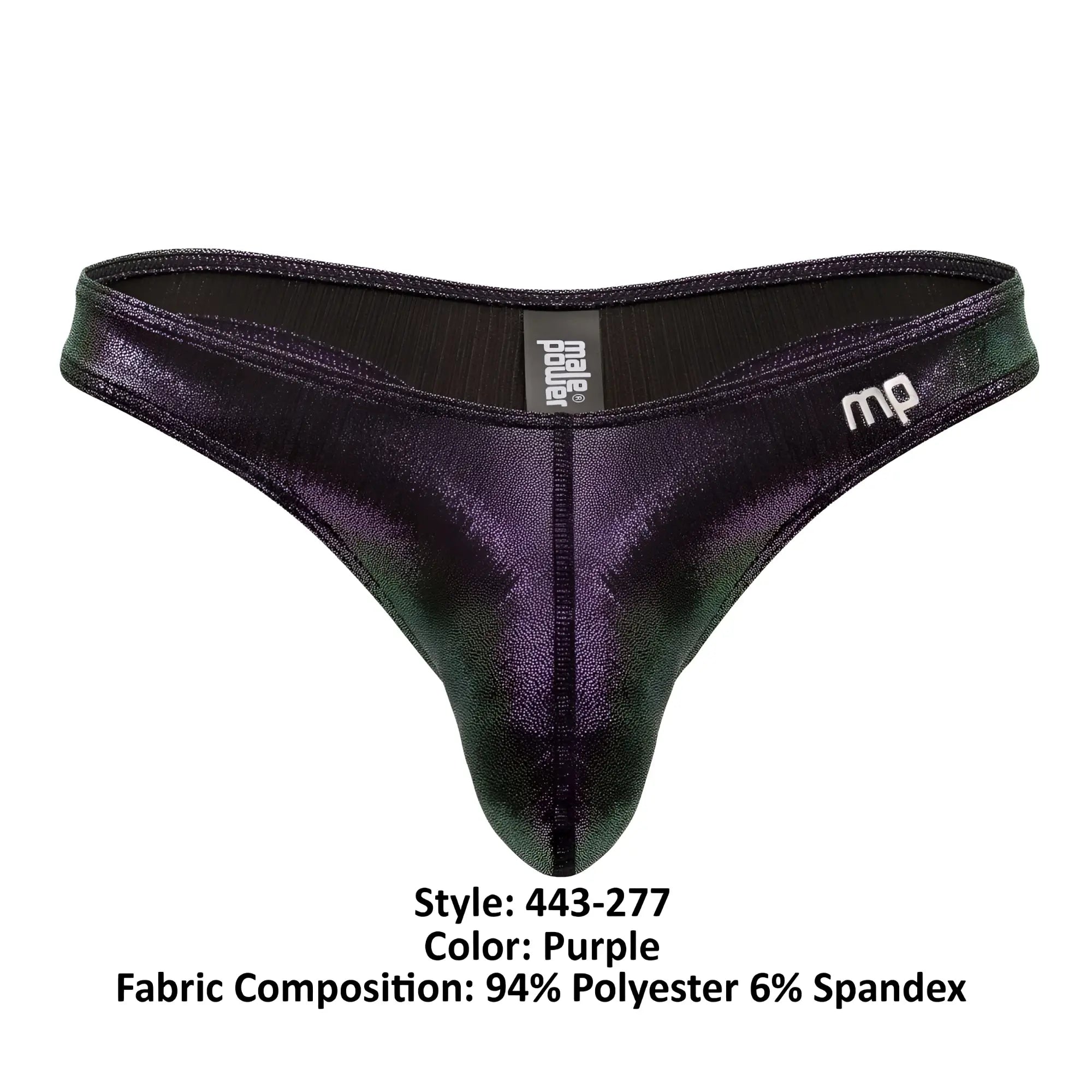 Male Power 443-277 Hocus Pocus uplift bong thong in purple metallic fabric with sleek shiny finish and subtle gradient effect