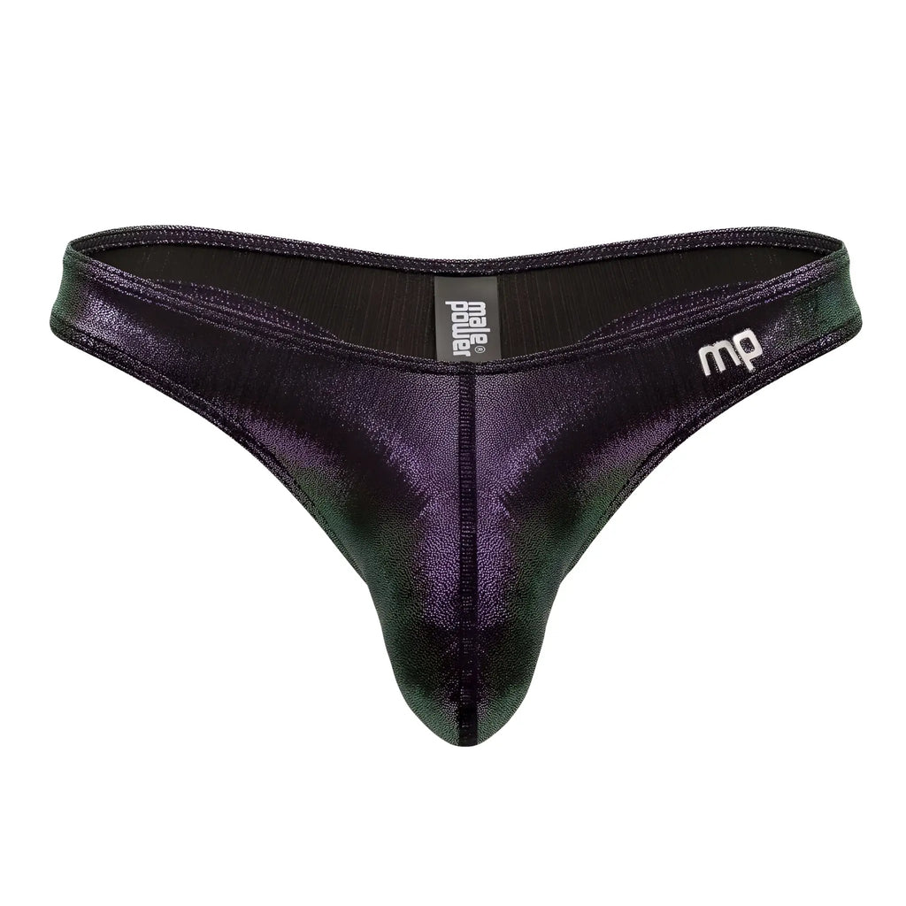 Shiny black and green iridescent male power 443-277 hocus pocus uplift bong thong with prazer branding in purple