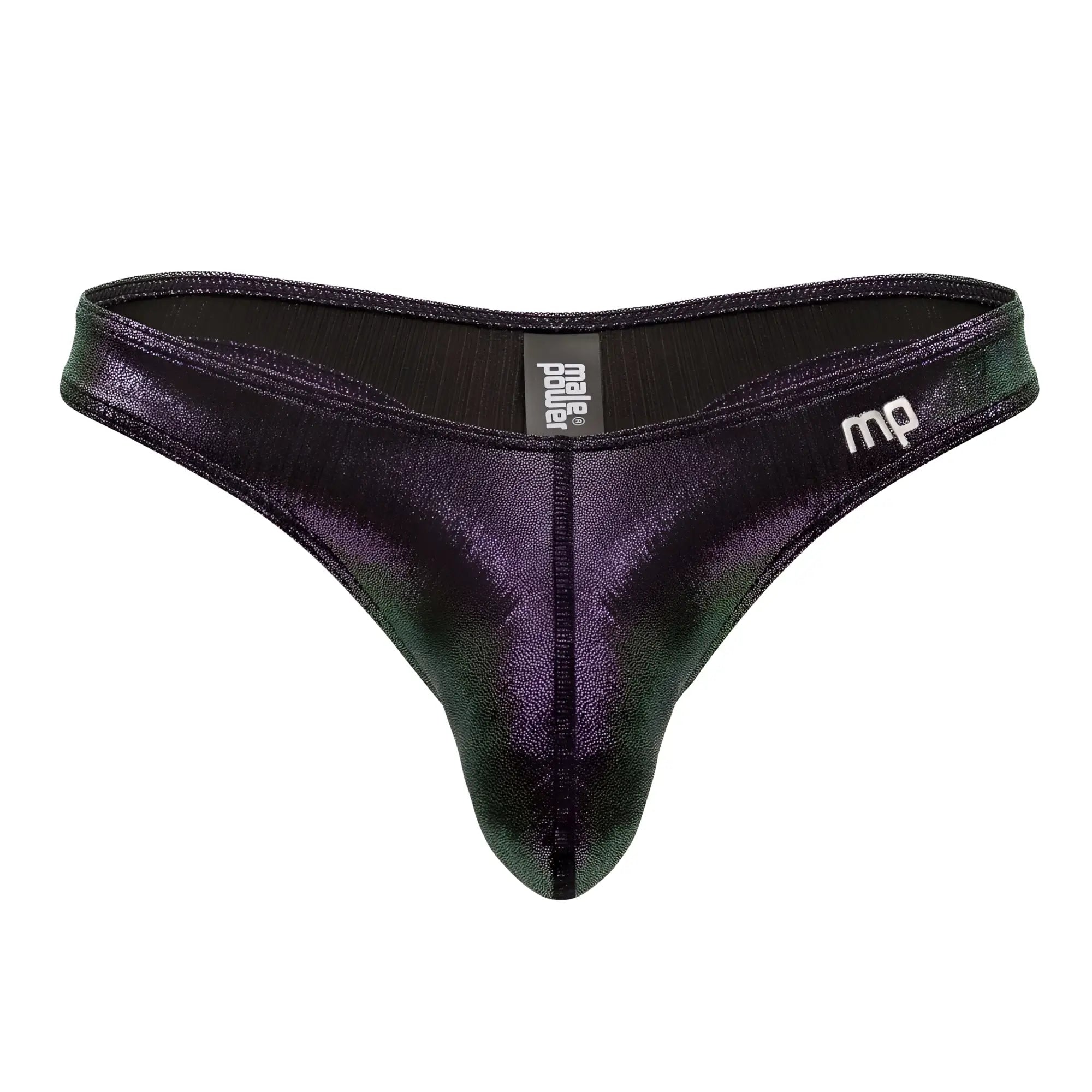 Shiny black and green iridescent male power 443-277 hocus pocus uplift bong thong with prazer branding in purple