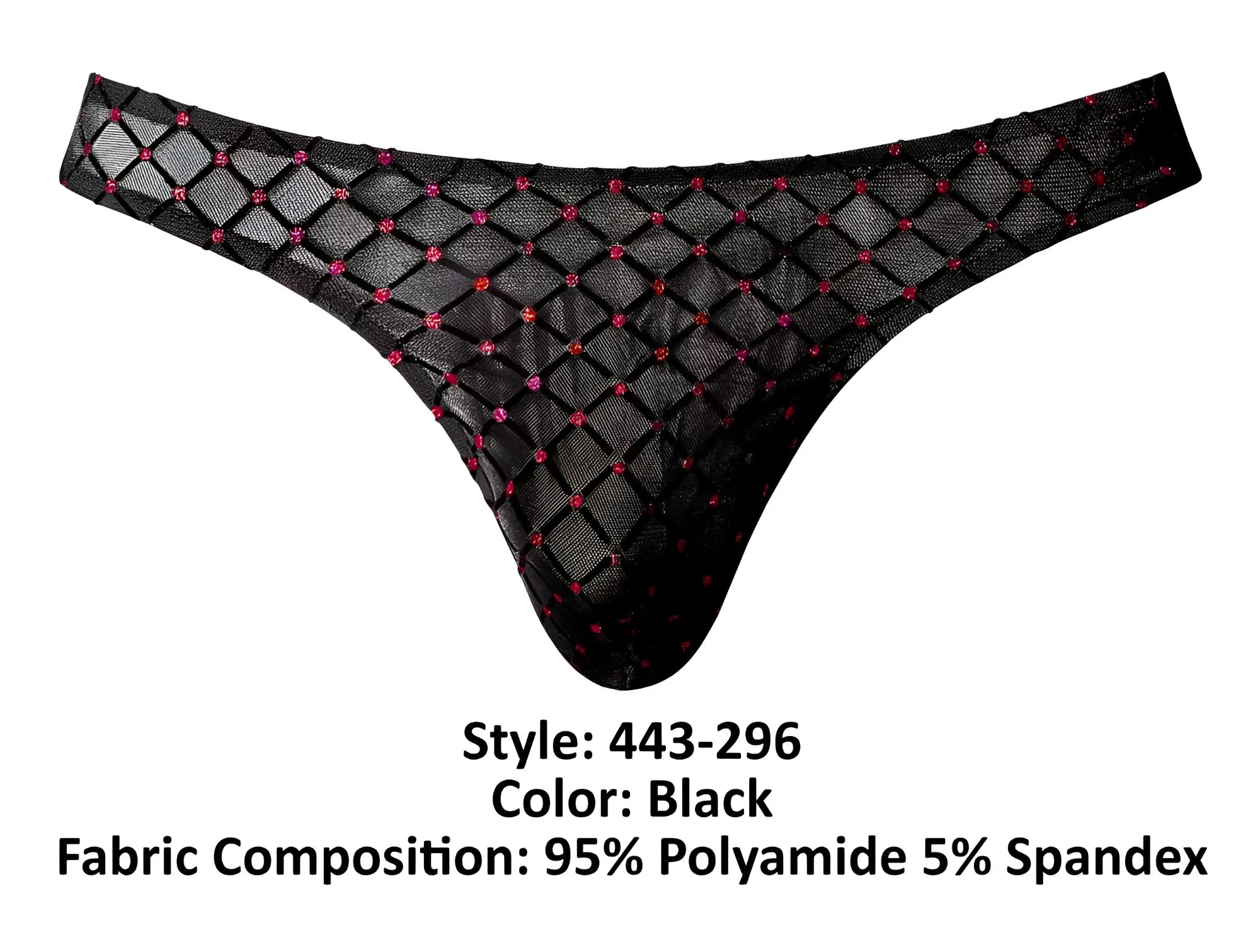 Black male power 443-296 widow maker classic thong with diamond-patterned mesh and pink rhinestone accents front view
